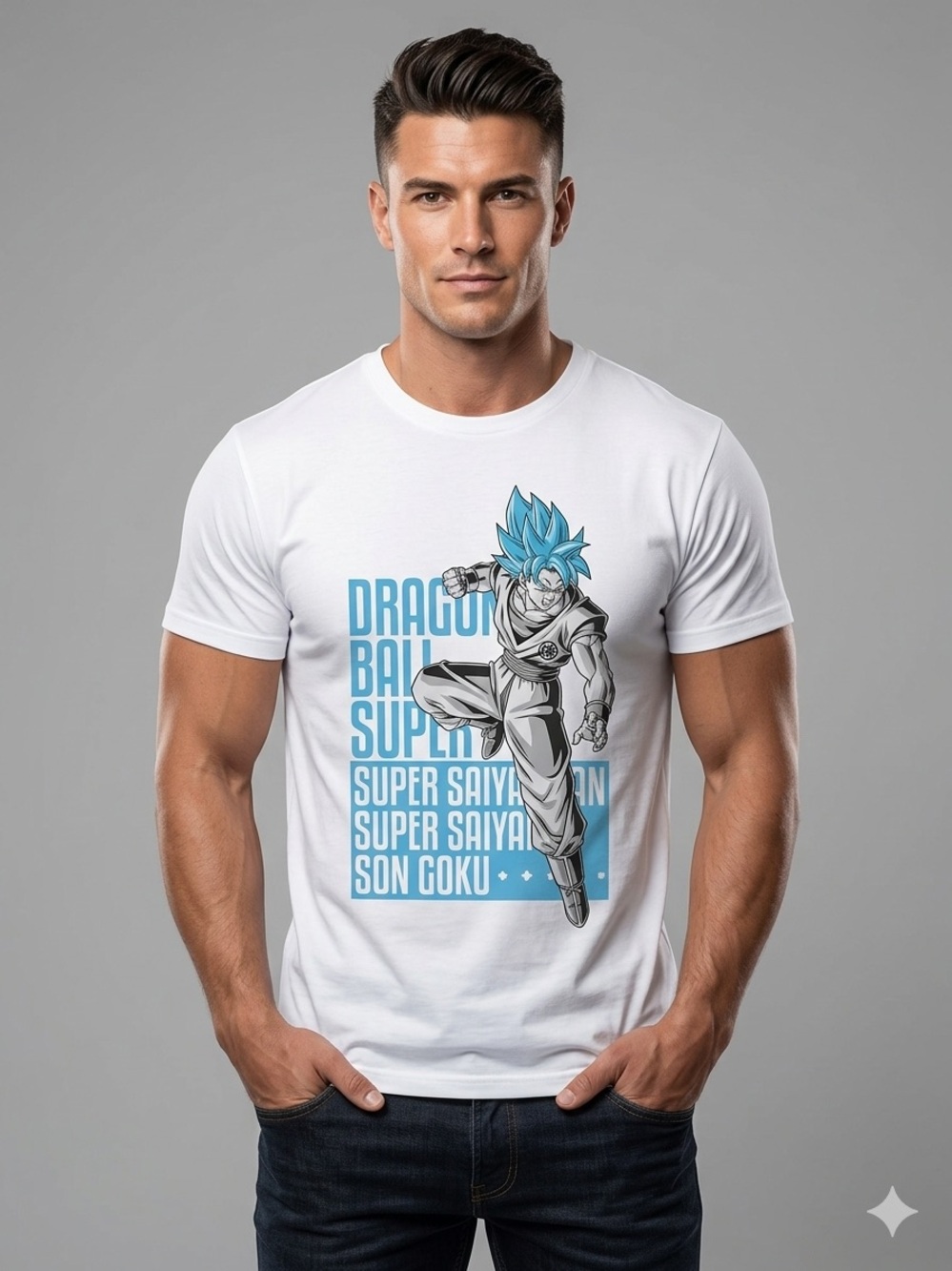 White and Blue Short Sleeve Tee with Graphic Design